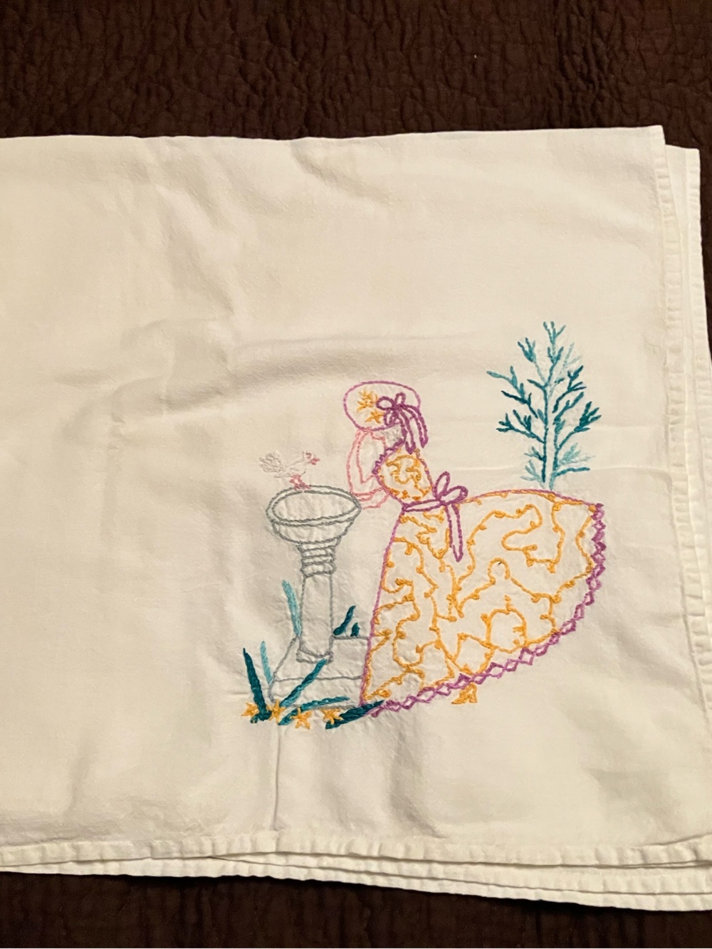 Charming Embroidered Vintage Tea Towel woman with birdbath